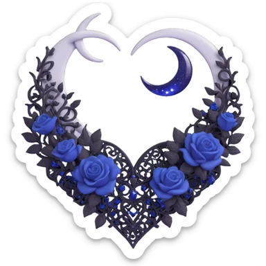 gothic heart, midnight blue glass, silver crescent moon, tiny black roses, shimmering stardust, black lace veil sticker