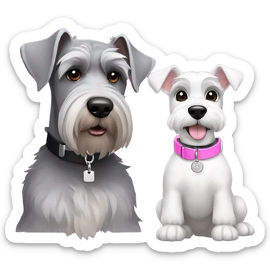 A big gray schnauzer with dark eyes wearing a black collar with a silver dog tag next to a small all white puppy schnauzer wearing a pink collar  sticker