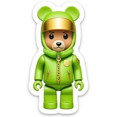 museum-quality bearbrick figure with perfect cubic proportions, lime green balaclava with seamless integrated golden visor lens, ultra-luxury designer down jacket with prominent branding and premium plush fur trim throughout, detailed gold chain accessories, fashion statement piece sticker