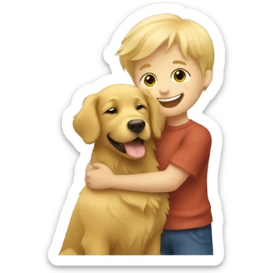 little blonde boy hugging a happy golden retriever  sticker