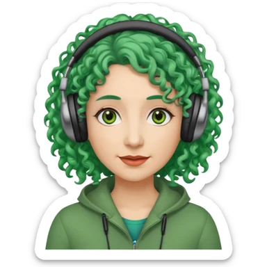 green haired earringed heaphone wearing middle aged woman very very curly long haired and hazel small eyes sticker
