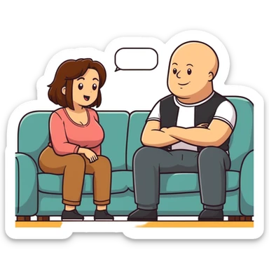 One Caucasian woman with brown hair big boobs wearing pants sitting on a couch with a bald man. She is looking down shocked. He is smiling. sticker