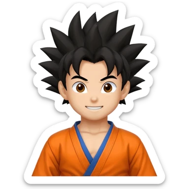 Son Goku emoji, spiky black hair, orange martial arts outfit, smiling sticker