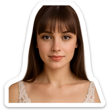 bride with light skin, hazel eyes, brunette straight hair with bangs, close-up portrait, soft background sticker