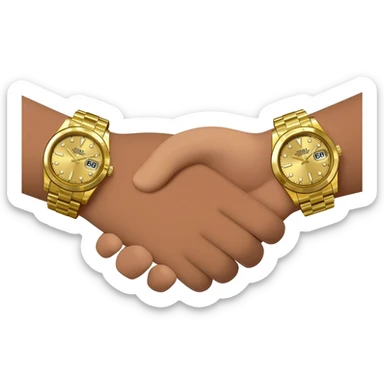 Emoji of a handshake, each wrist wearing an oversized, flashy Rolex watch, cartoon style, bold colors, focus on hands and luxury watches, transparent background sticker