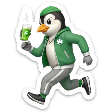 full body friendly anthropomorphised penguin wearing green mafia-style tracksuit, angry, running determined sprint, shamrock accessory, no drink sticker
