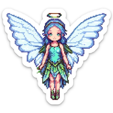 a fairy with large transparent wings, pixel art style sticker