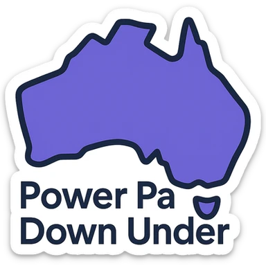 outlined icon of Australia map with very thin lines, text 'Power Pages Down Under' in simple clean typography, colors #403DAD, vibrant purple, #fff7ad, no overlays or extra icons sticker