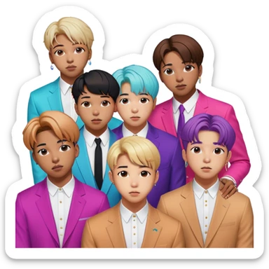 Cinematic Realistic group portrait of BTS featuring all 7 members in stylish modern attire, with detailed facial expressions and vibrant colors, captured in dynamic, contemporary lighting that emphasizes their global pop icon status sticker