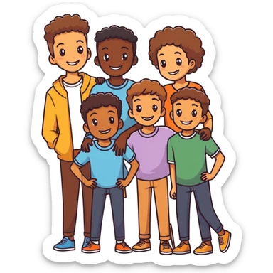 Make an emoji of a group of 5 friends, 2 are girls 3 are boys. One of the boys is brown, one of the girls is brown sticker