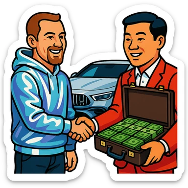 A white man with a goatee in a chrome hoodie (hoodie is metallic, skin is natural), shaking hands with a Chinese man with natural skin color, handing over a briefcase of green money. AMG car in the background. Realistic cartoon style. sticker