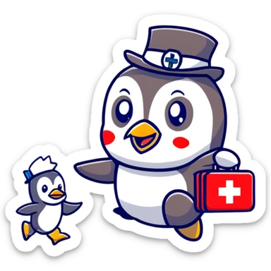 side view of a doctor penguin running with a top hat holding a first aid medical box with a red cross sticker