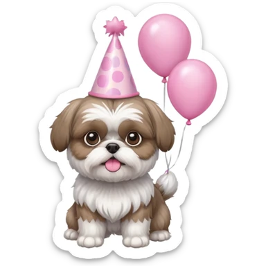 cute shih tzu hold a few pink balloons  with pink birthday hat sticker