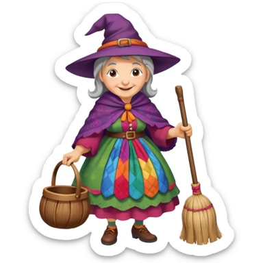 Befana flying on a broomstick: friendly old witch with a warm smile, big nose, rosy cheeks, wearing a colorful patchwork dress and shawl, riding a classic wooden broom. sticker