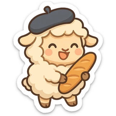 French sheep with a beret, carrying a baguette, cheerful style, chibi stickers style sticker