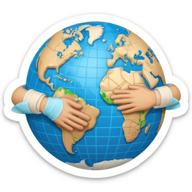 Generate an emoji of two hands shaking in front of a globe. Have a bandage wrap around the globe in the background. sticker