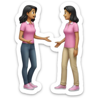 2 women standing talking, an older one receiving advice from a younger one with black long hair and pink polo shirt sticker