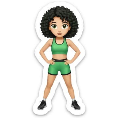 woman with olive skin and curly black hair wearing a green workout outfit (shorts) and standing in a disco pose sticker