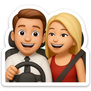 Two emoji characters sitting together in a car, both visible and smiling, enjoying a drive, transparent background. sticker