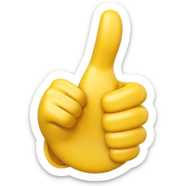 Apple-style 3D illustration of a single yellow emoji hand giving a thumbs up gesture, glossy and rounded, centered on a clean white background, soft shadow underneath, isolated and minimal design sticker