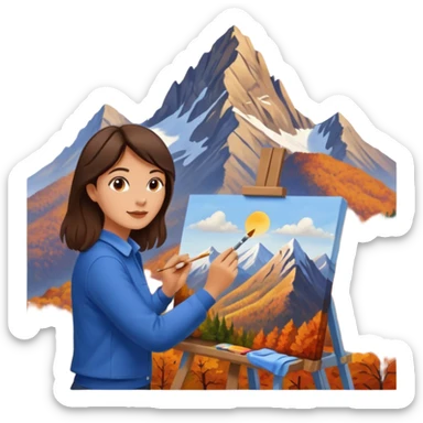 Brunette Artist painting a beautiful autumn mountain peak destination on canvas sticker