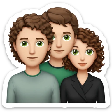 White Man in the middle with brown hair and green eyes, women next to him with short brown hair with slight waves, taller women on right side with shoulder length curly hair and brown eyes sticker