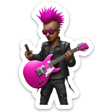 cyberpunk rockstar, magenta mohawk, robot heavy metal rock star,  red mechanical sci-fi electric guitar, close up view sticker