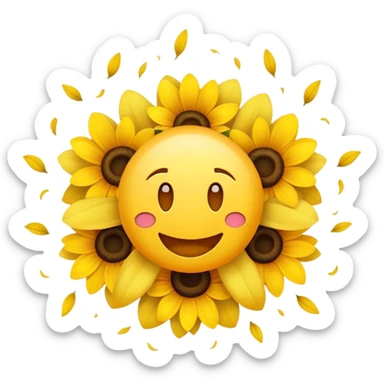 Je souhaite un emoji jaune heureux avec un crâne qui explose en pétales de fleurs, il a les dents du bonheur, et est rigolo sticker