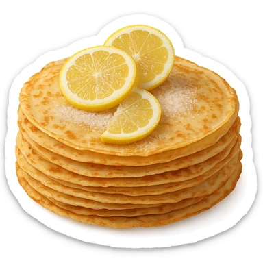 a stack of French crepes with lemon slices and sugar sticker