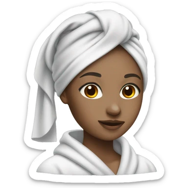 white-skinned girl with a towel on her head in a gray robe doing makeup sticker