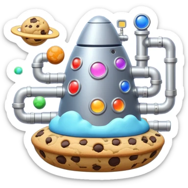 Outside view of a half-spaceship cookie factory floating in orbit, metallic hull with cookie insignia, glowing pipes connecting modules, stars and planets in the background, emoji-style sticker