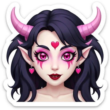 Succubus, pink irises, heart pupils, black long shaggy hair, light grey skin, white horns curving towards forehead, succubus horns, flirty smile, full lips, black lips, cute fangs sticker
