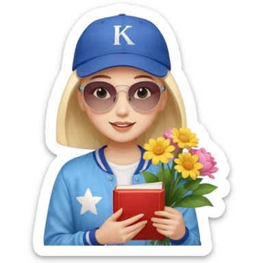 ["A happy girl with light skin, bald, wearing a baseball cap and sunglasses, dressed in K-pop fashion, is reading a book while holding a flower bouquet."] sticker