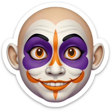 Juggalo smiley face that is Perfectly round and hairless with white skin with realistic human brown colored eyes and elaborate but symmetrical lined face paint from the top of the forehead down the sides of their chin to the bottom of their face that is orange outlined in dark purple sticker
