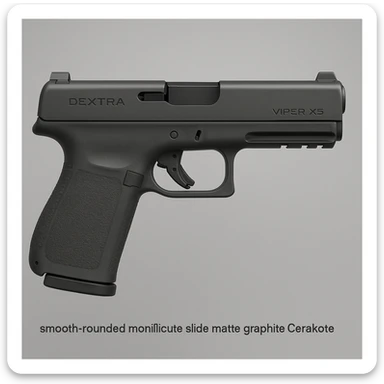 side profile of the Dextra Viper X5 pistol, highlighting smooth rounded monolithic slide with matte graphite Cerakote finish, subtle top serrations, flush-fit ported barrel, no front rail, optic-ready slide cut, minimalist and snag-free design sticker