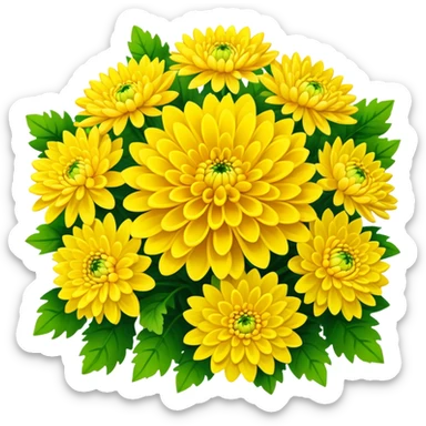 big bouquet Bright Yellow Chrysanthemum, luxuriant, leaf, bud sticker