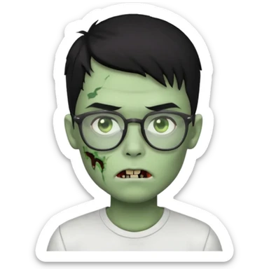 zombie boy with black hair, glasses, white shirt, green skin sticker