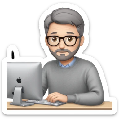 Profesor de pelo gris marrón oscuro con gafas un poco de barba jersey gris y un ordenador los óleos son marrones con poca cantidad de pelo sticker