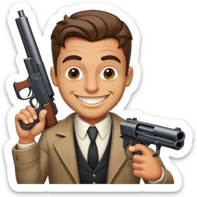 Gangster guy with a big gun with a wide grin on his face and moneybags sticker
