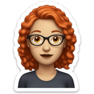 white woman with mid red hair and red glasses sticker