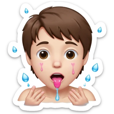 Pale Boy with shaggy brown hair, pink heart shaped eyes looking up , mouth open , water drop dripping from lips, hand grabbing at face  sticker