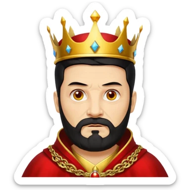 


an old king with yellow skin, red eyes, 60 years old, black hair, black beard, wearing a crown, red robe, fierce face
 sticker
