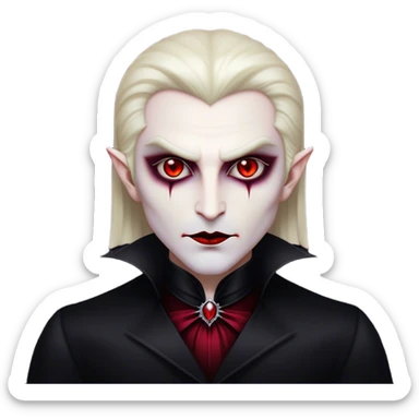 Cinematic Noble Vampire Portrait Emoji, Elegant and commanding, with a refined, pale visage framed by dark, velvet accents and a hint of crimson, exuding timeless seduction and dangerous allure, simplified yet exquisitely detailed, glowing with a soft nocturnal radiance and a subtle, mysterious outline that captures the regal spirit of an immortal lord of the night! sticker