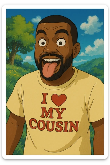 Kanye West with his tongue out, wearing a t-shirt that says 'I love my cousin', ghibli style sticker