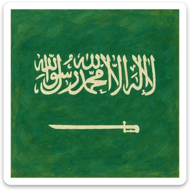 ghibli style painterly Saudi Arabia flag with green background, white script and sword sticker