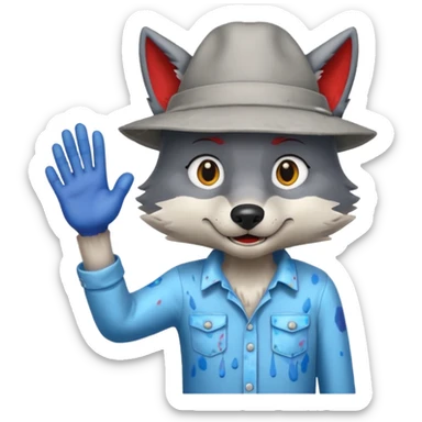 Wolf cartoon shaking hand wering hat and paint shirt  sticker