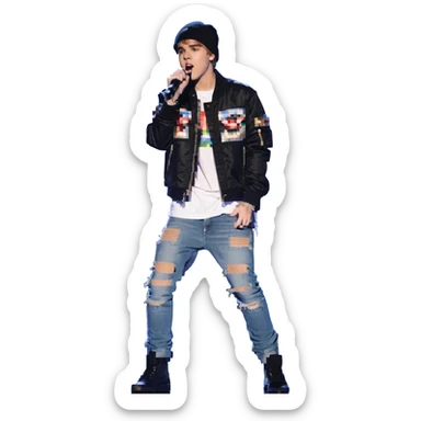 Justin Bieber singing on stage, wearing a jacket and jeans sticker