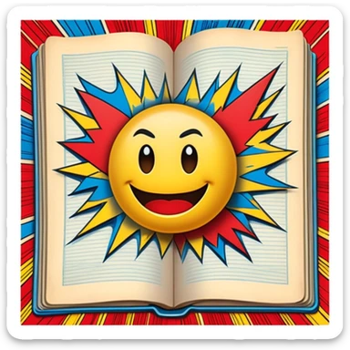 Create a vibrant emoji, representing comic books and graphic novels as an art form. The design should feature a large, opened comic book with vintage comic panels on the pages. Include a pencil (without a hand), writing text or sketching on the pages. The comic panels should have bold lines and retro-style artwork with classic comic book visuals. Use bright, energetic colors like red, yellow, and blue to evoke excitement and creativity. The overall design should feel dynamic, vintage, and artistic. Make the background transparent. sticker