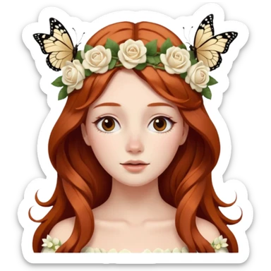 Woman with long flowing auburn hair wearing a flower crown with white and cream colored roses and butterflies in it sticker