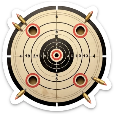 Paper target with bullet holes clustered in the center and spent shell casings below sticker